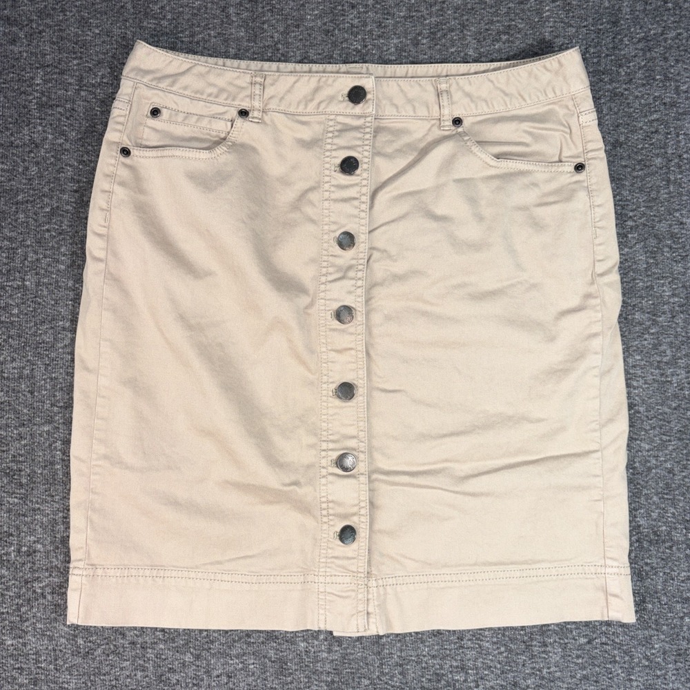 J Jill Women Chino Pencil Skirt Tan Size 10 Stretch CottonBlend Button Up Pocket